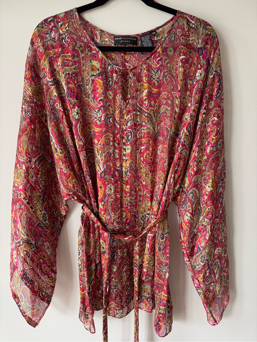 Vintage Dana Buchman Silk Fuchsia Paisley Tie-Neck Blouse